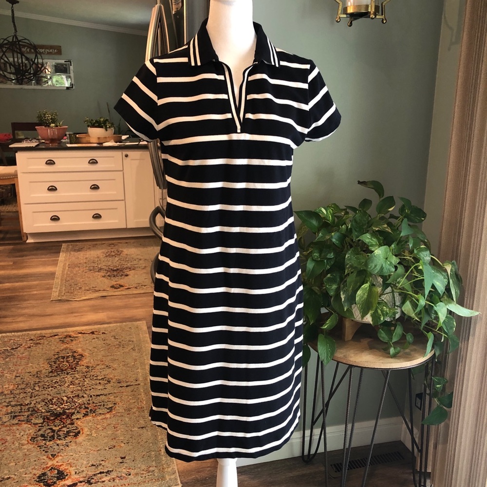 Lands’ End Women’s Nautical Navy Blue White Striped Polo T-Shirt Dress Sz XS 2-4
